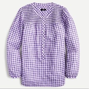 New J. Crew Smocked Gingham Popover Top Crinkle Purple White Cotton Blouse Shirt